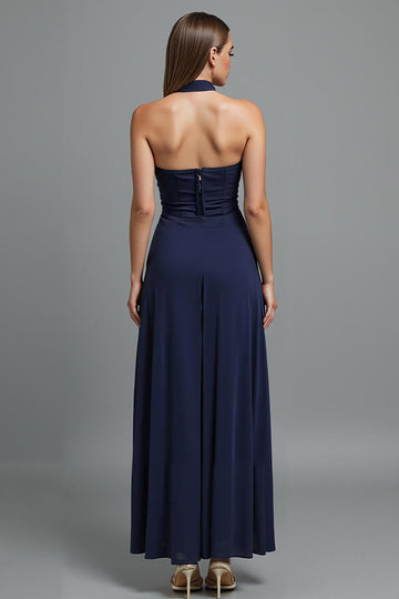 Robe de soirée bustier gaine bleu foncé avec fente